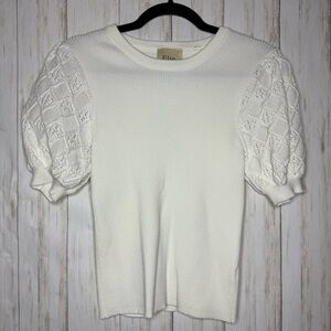 Elie Tahari White Textured Puff Sleeve Blouse Small